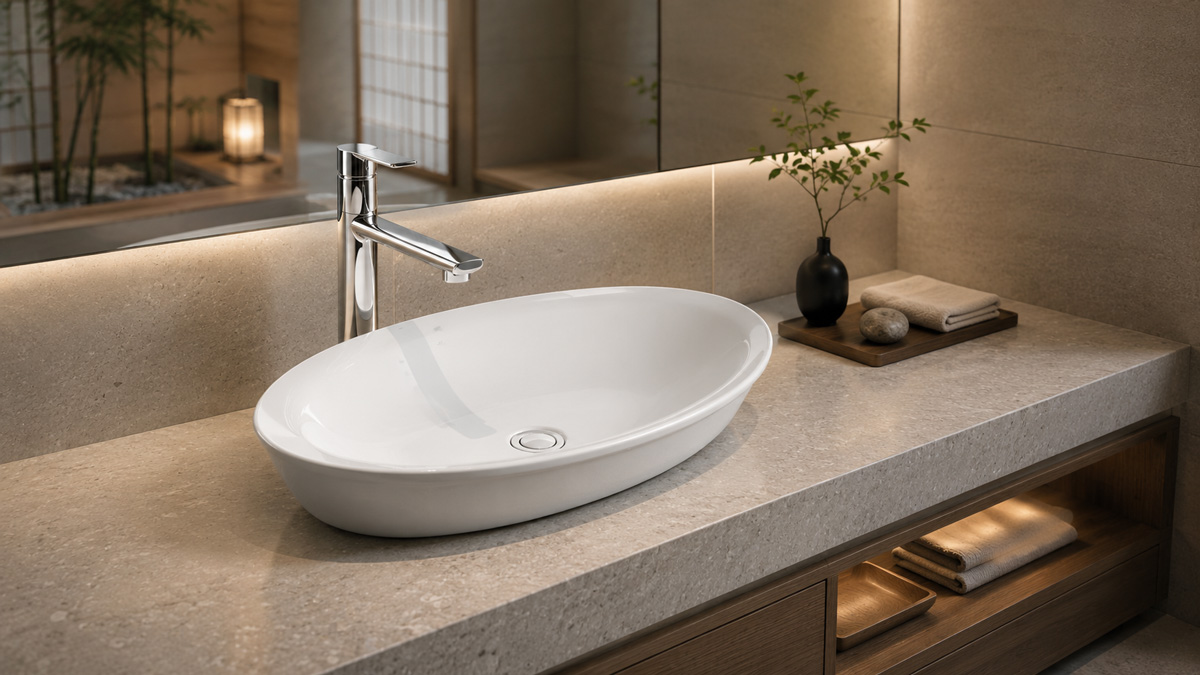 Chậu lavabo INAX Cerafine thành sứ mỏng đặt trên bàn đá