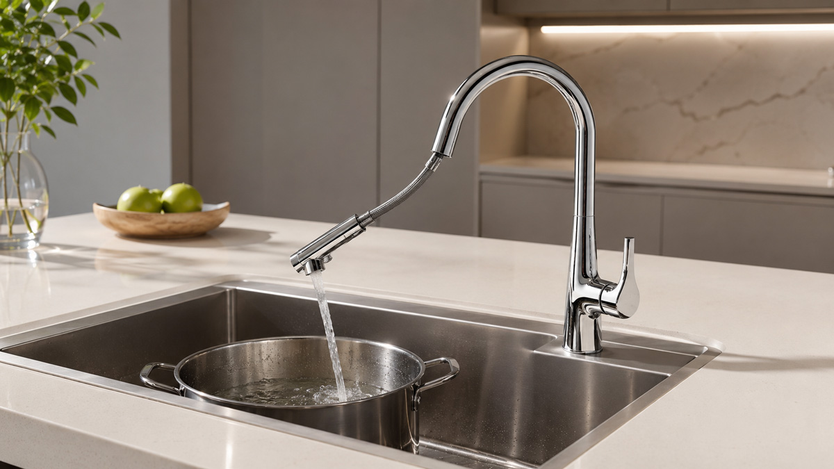 Vòi rửa bát INAX dây rút làm sạch mọi vị trí trong chậu