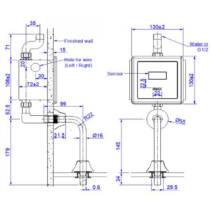 Bản vẽ kỹ thuật van xả tiểu cảm ứng INAX OKUV-30SM-0.5