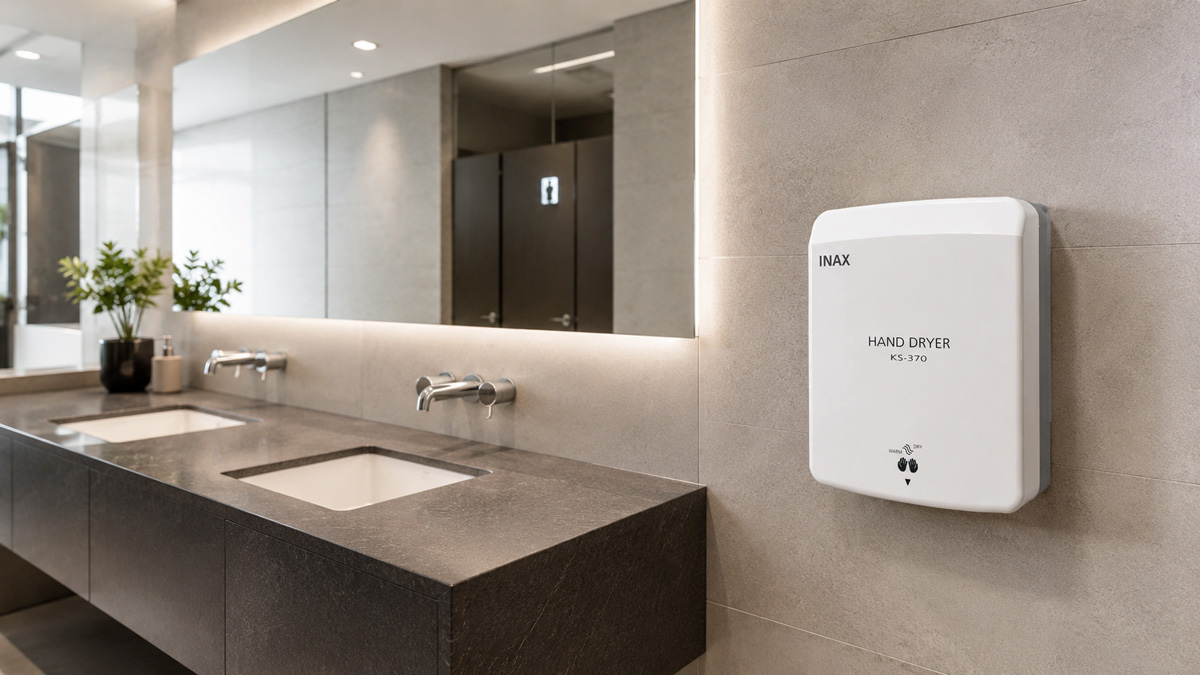 Máy sấy tay INAX lắp đặt tại khu vực lavabo hiện đại
